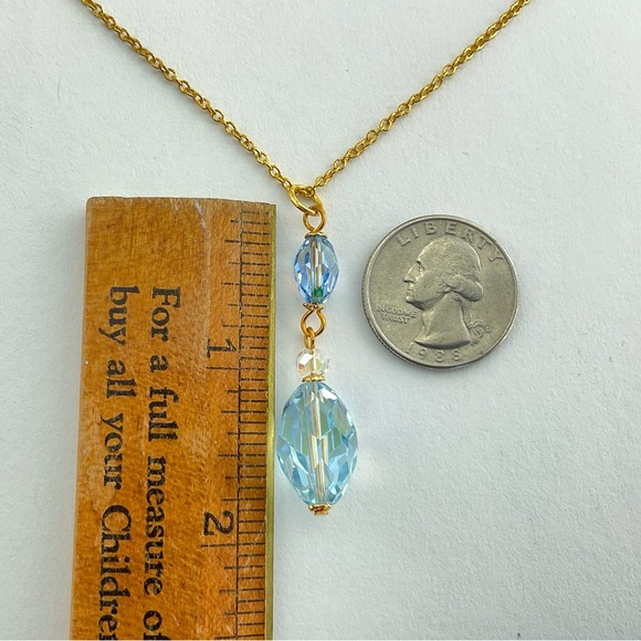 Aurora Borealis Crystals Pendant Necklace, Handmade, Aqua Blue, Vintage Crystals - Picture 8 of 8